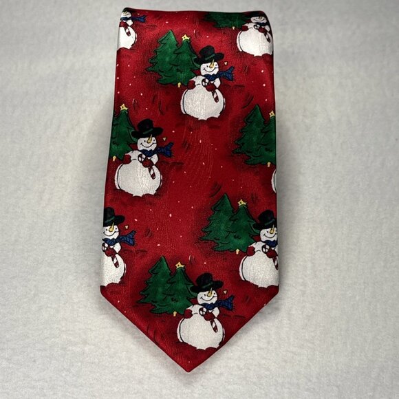 Holiday Tales Christmas Neck Tie 100% Silk Snowman & Tree 61” X 3.5 - Picture 1 of 7